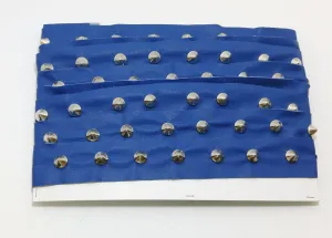 1 YD of 1-1/2" wide Genuine Cowhide Leather Trim Tape with Silver Cone-shaped Nailheads edge binding; top stitch; Blue Duquessa 3758XDB