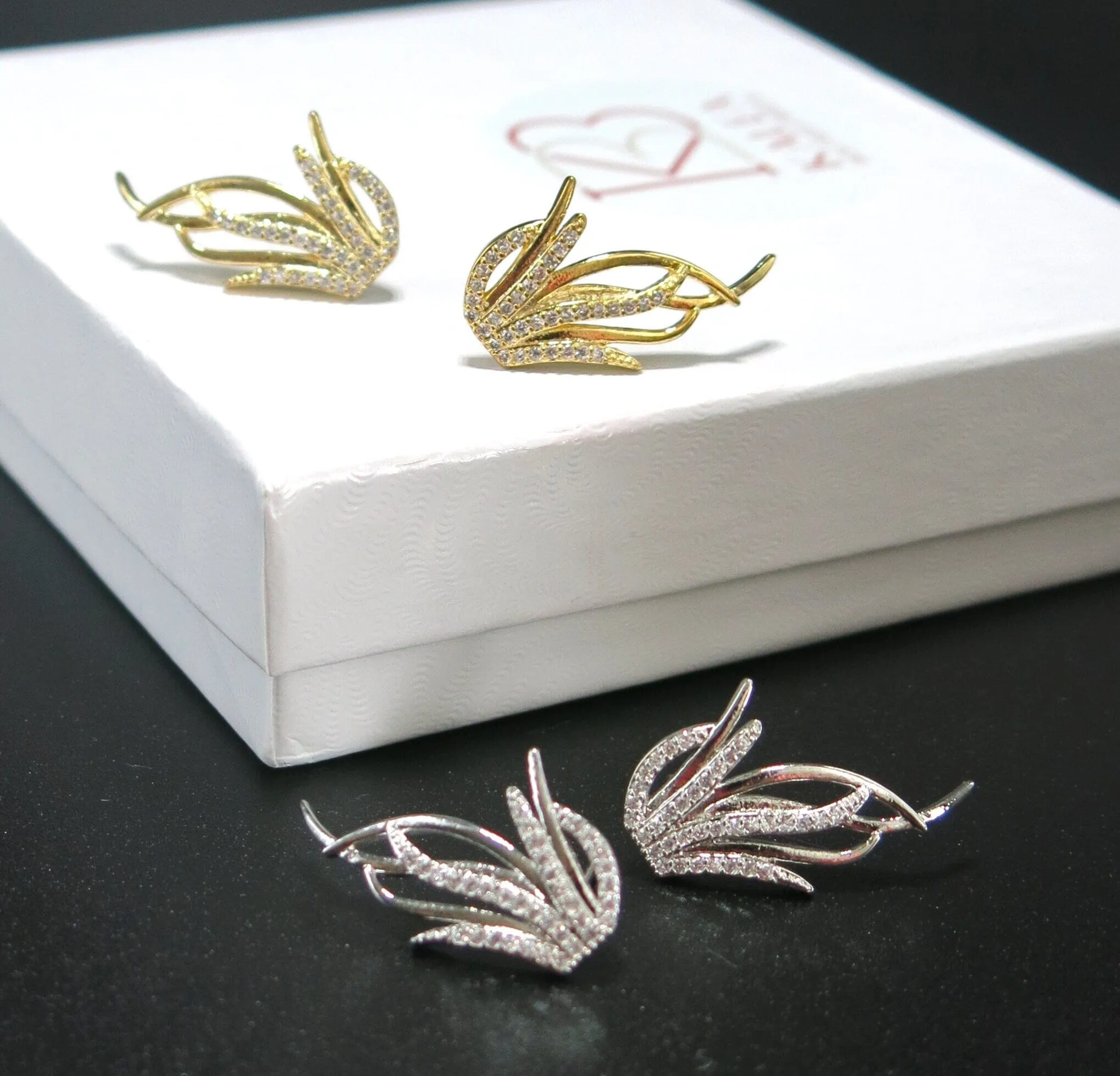 Abstract 14K Gold Crystal Studs, Diamond CZ Crystal Studded Earrings, Wedding Bridal Bridesmaid Fashion Studs, Minimalist Earrings