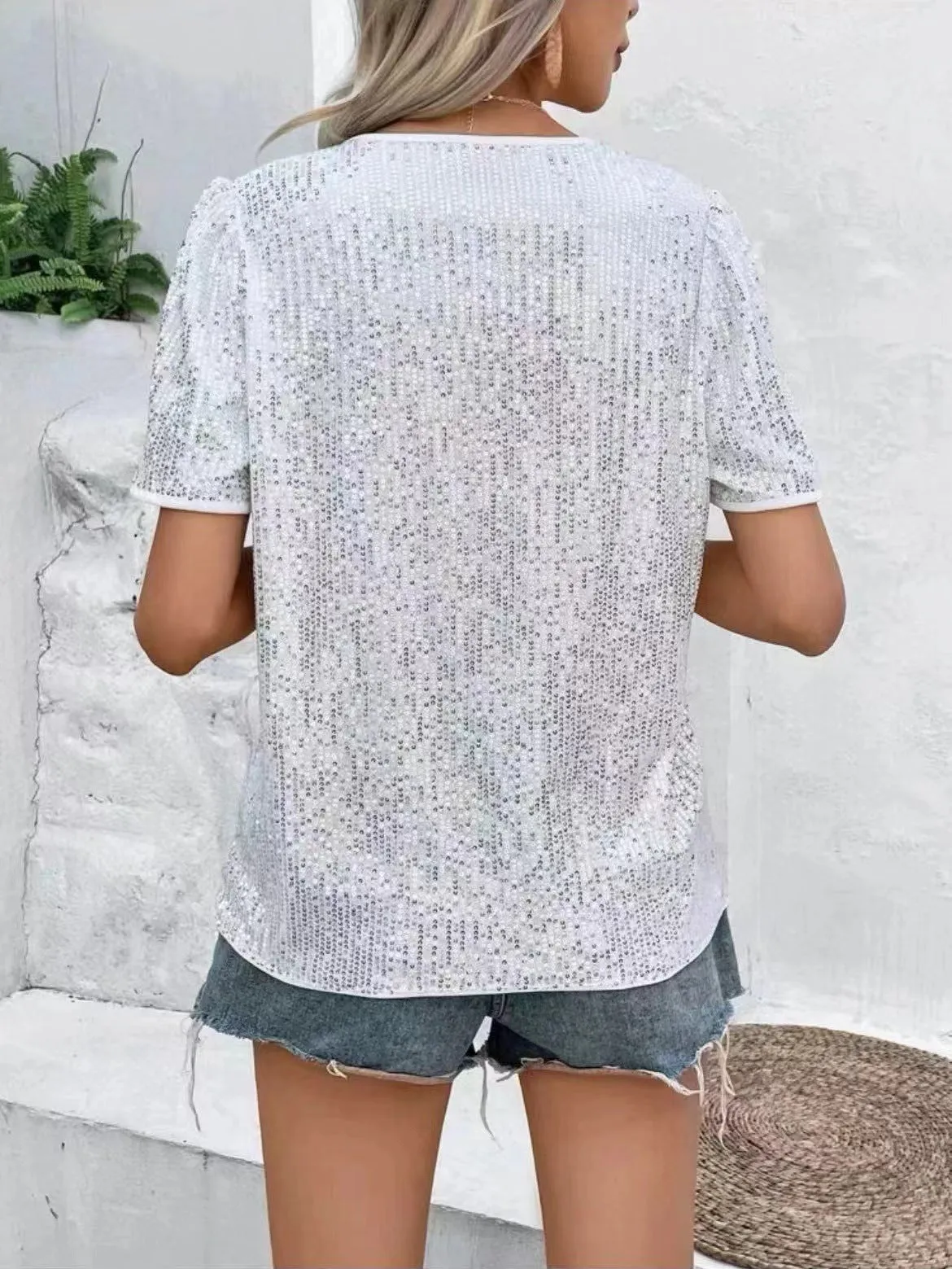 Anuohiss solid color sequin V-neck short sleeved loose fitting women's