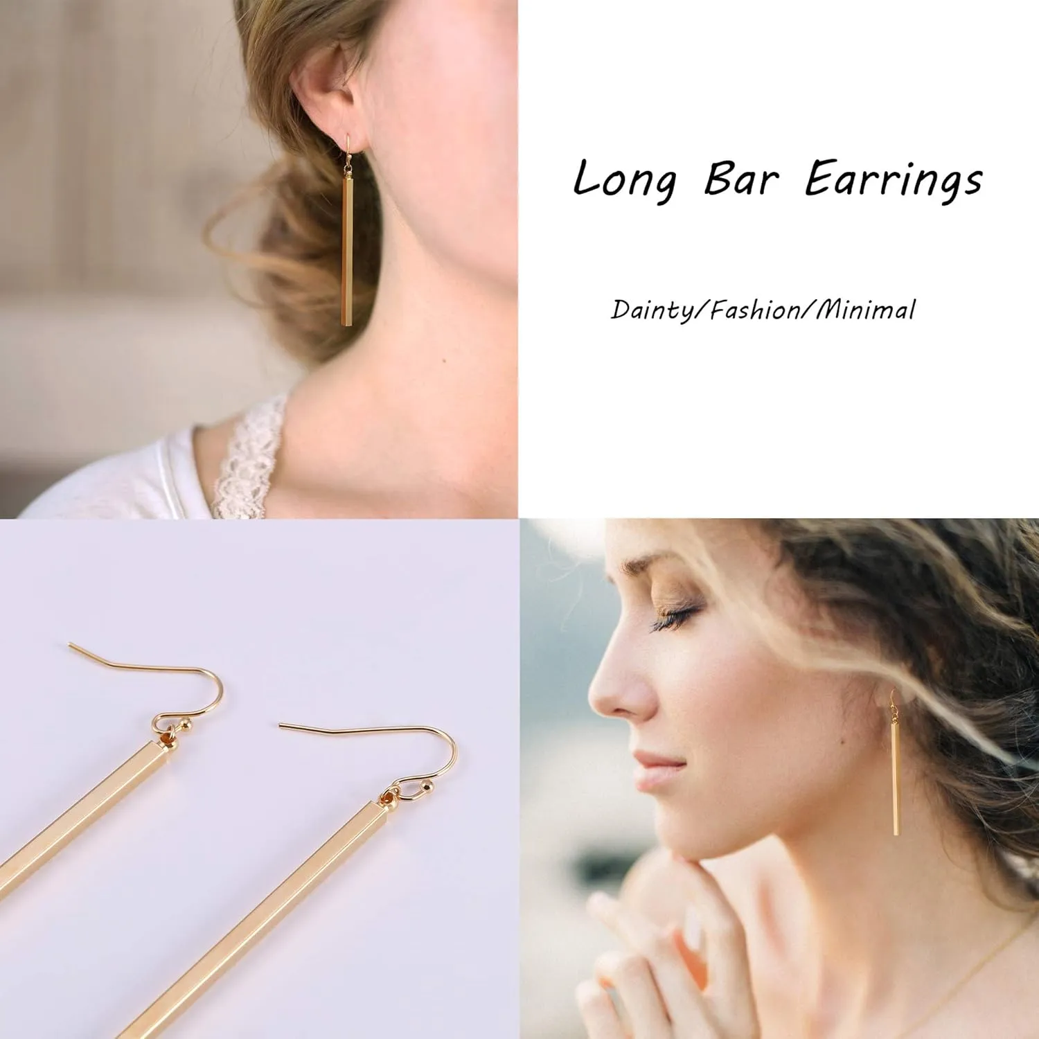 Aobei Pearl Dainty 18K Gold/Platiunum Silver Long Vertical Bar Drop Dangle Earring Minimal Hanging Earrings Geometric jewelry for Women