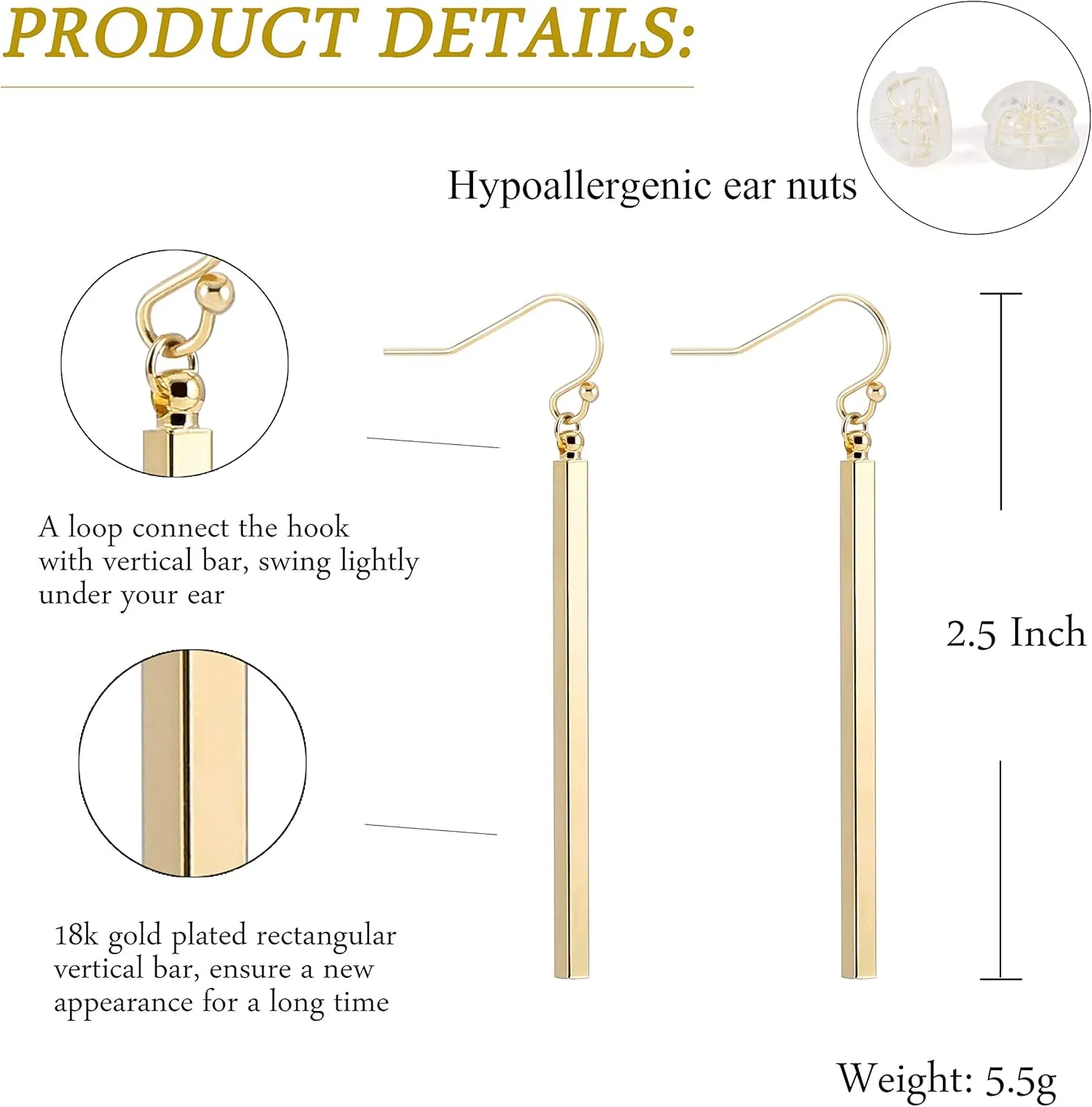 Aobei Pearl Dainty 18K Gold/Platiunum Silver Long Vertical Bar Drop Dangle Earring Minimal Hanging Earrings Geometric jewelry for Women