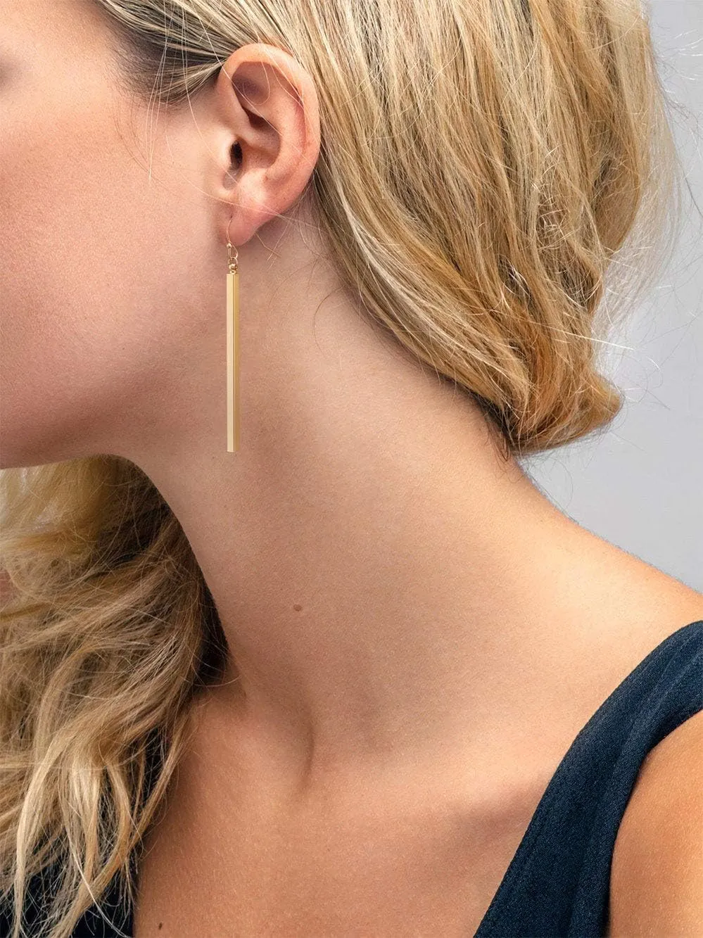 Aobei Pearl Dainty 18K Gold/Platiunum Silver Long Vertical Bar Drop Dangle Earring Minimal Hanging Earrings Geometric jewelry for Women