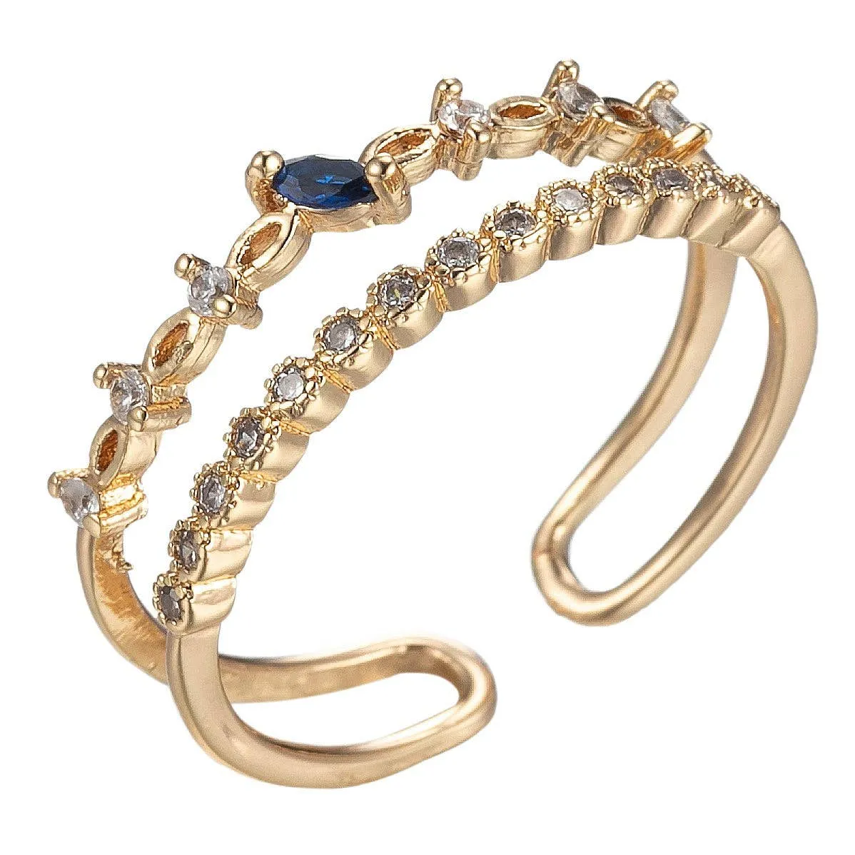 Blue Cubic Double Band Open Ring With CZ  O992