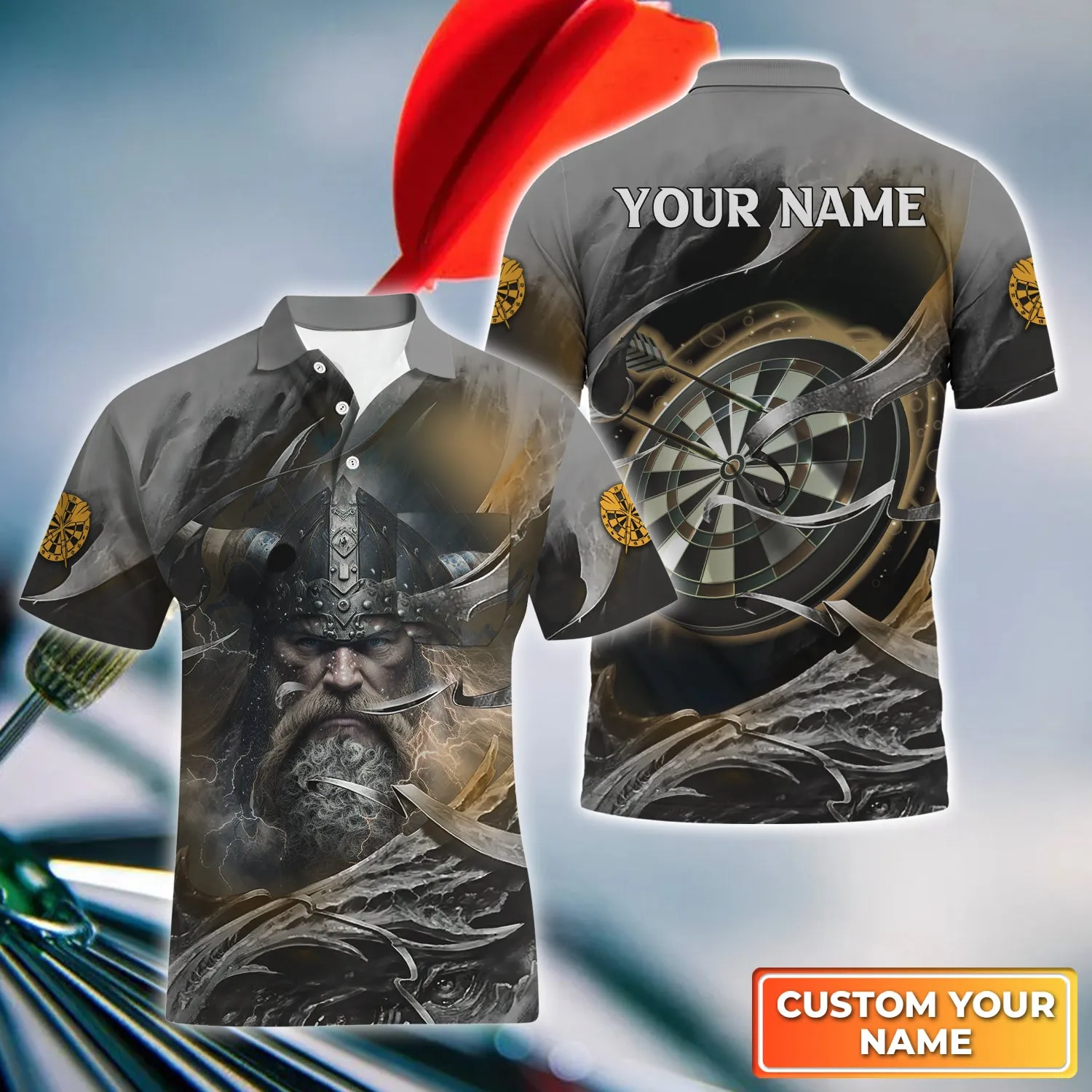 Bullseye Dartboard Personalized Name 3D Viking And Darts Polo Shirt With Pocket Tad Mid