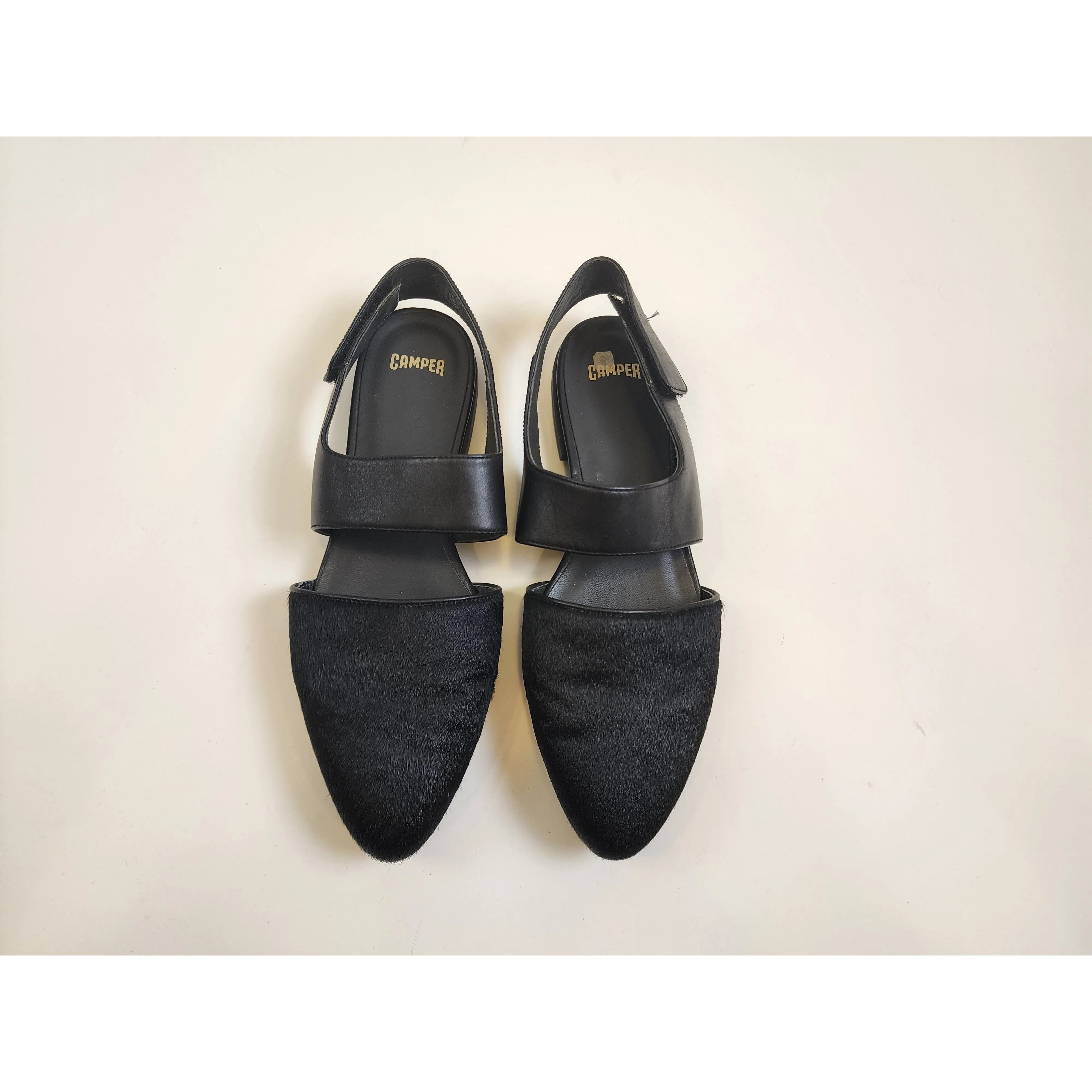 Camper second hand black leather slip backs with pony hair toe size 38