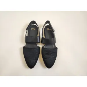 Camper second hand black leather slip backs with pony hair toe size 38