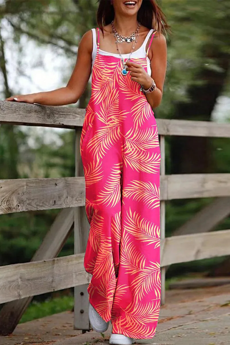 Casual Print Printing Square Collar Loose Jumpsuits