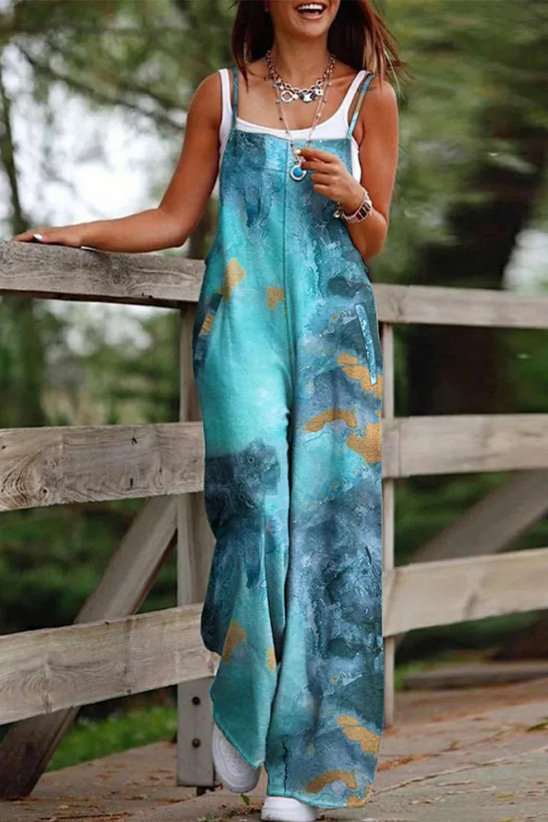 Casual Print Printing Square Collar Loose Jumpsuits