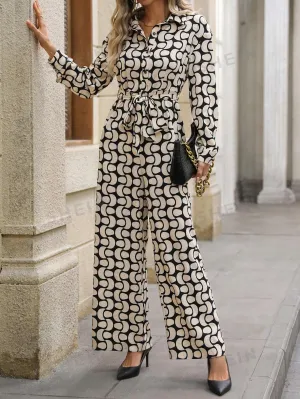 Clasi Women's All-Over Print Buttoned Front Tie Waist Long Sleeve Jumpsuit