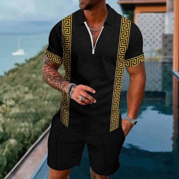 Classic Pattern Short Sleeve Zip Polo Board Shorts Set 2405000688