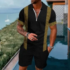 Classic Pattern Short Sleeve Zip Polo Board Shorts Set 2405000688