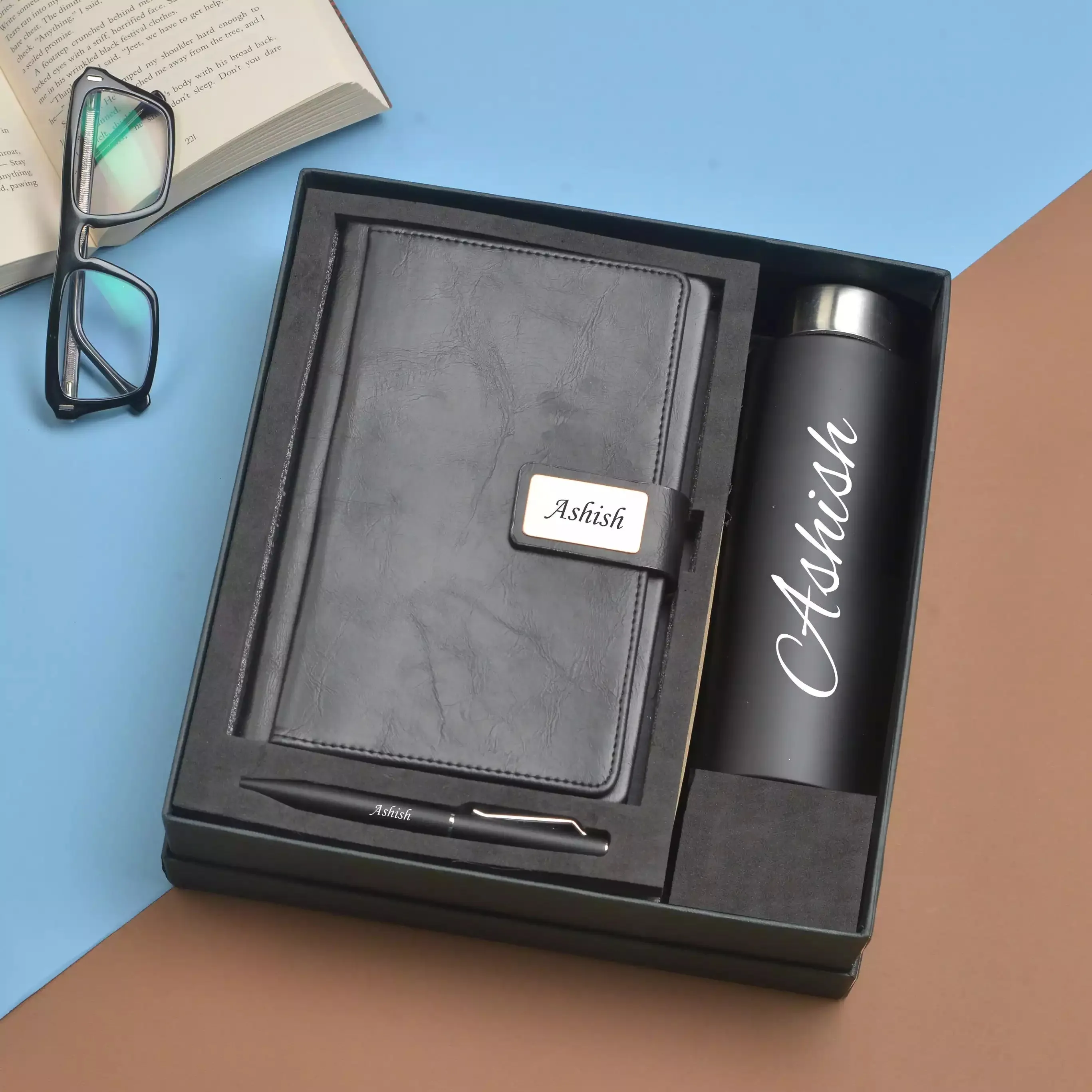 Classy Executive Diary   Classic Metal Pen   Classic Smart Bottle  (Black) - Black
