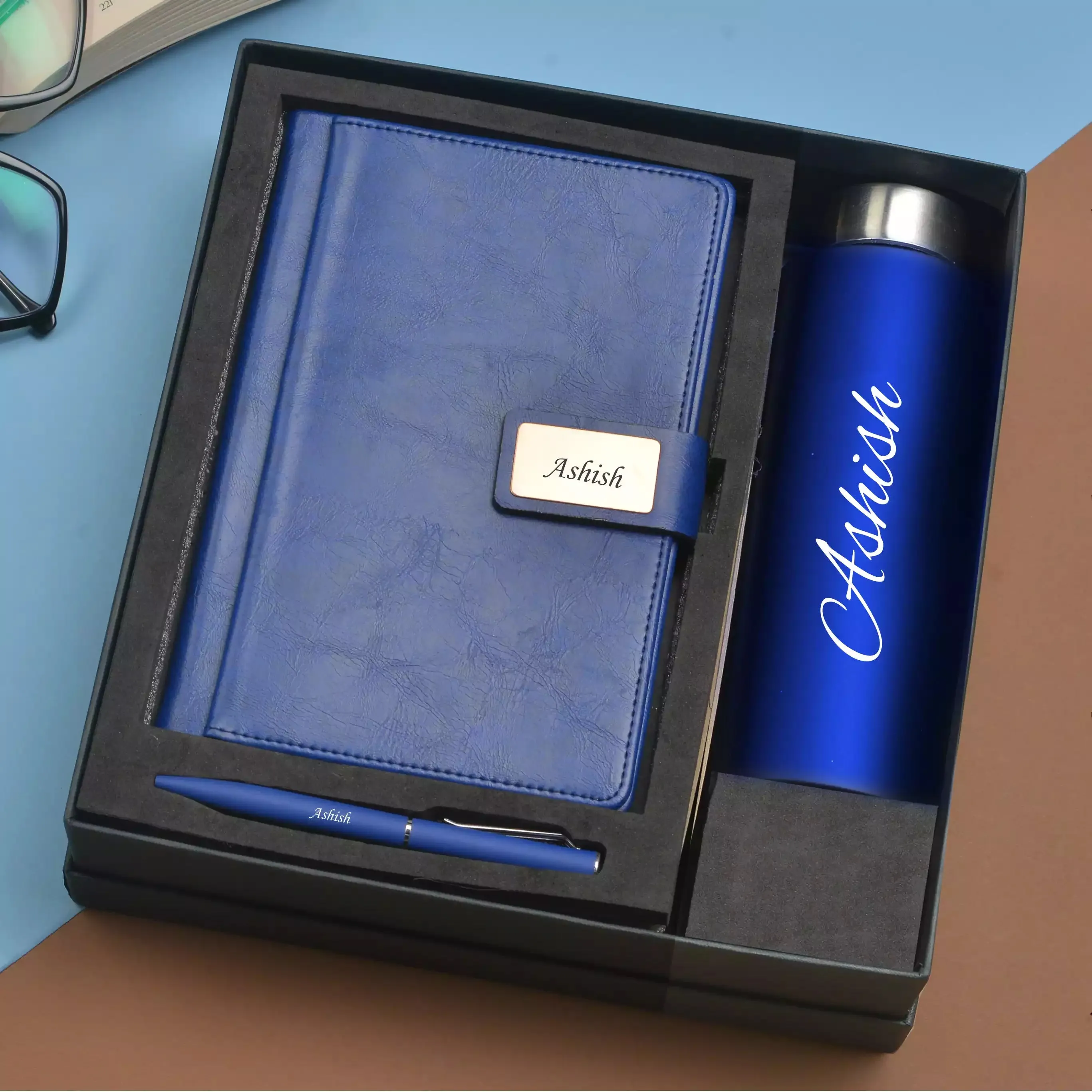 Classy Executive Diary   Classic Metal Pen   Classic Smart Bottle  (Black) - Blue
