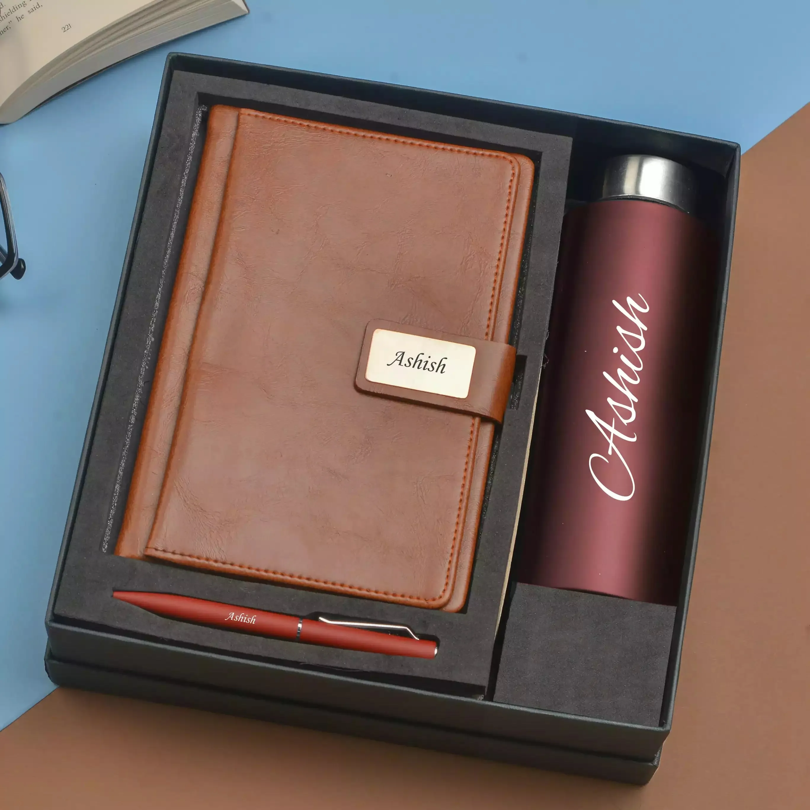 Classy Executive Diary   Classic Metal Pen   Classic Smart Bottle  (Black) - Brown
