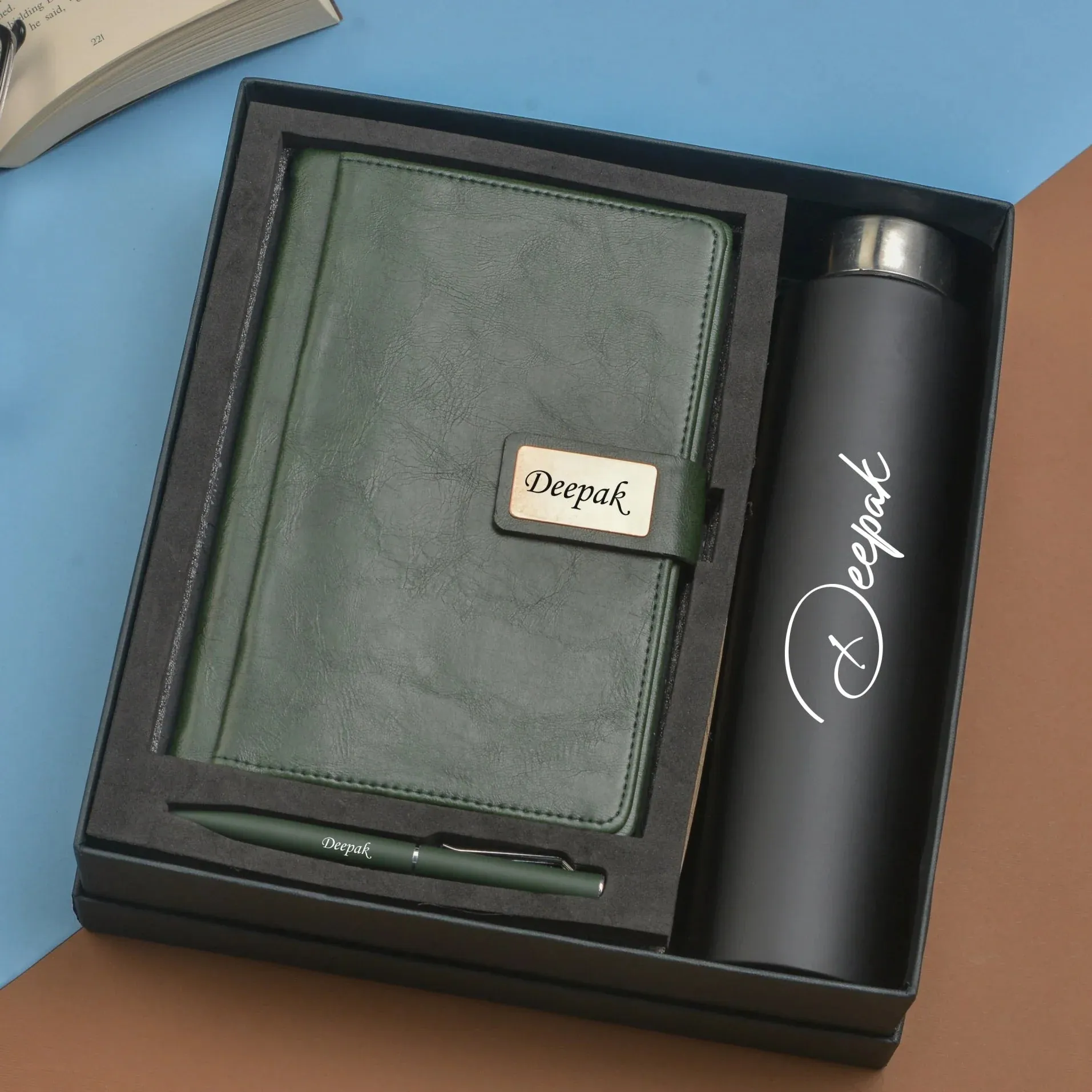 Classy Executive Diary   Classic Metal Pen   Classic Smart Bottle  (Black) - Green