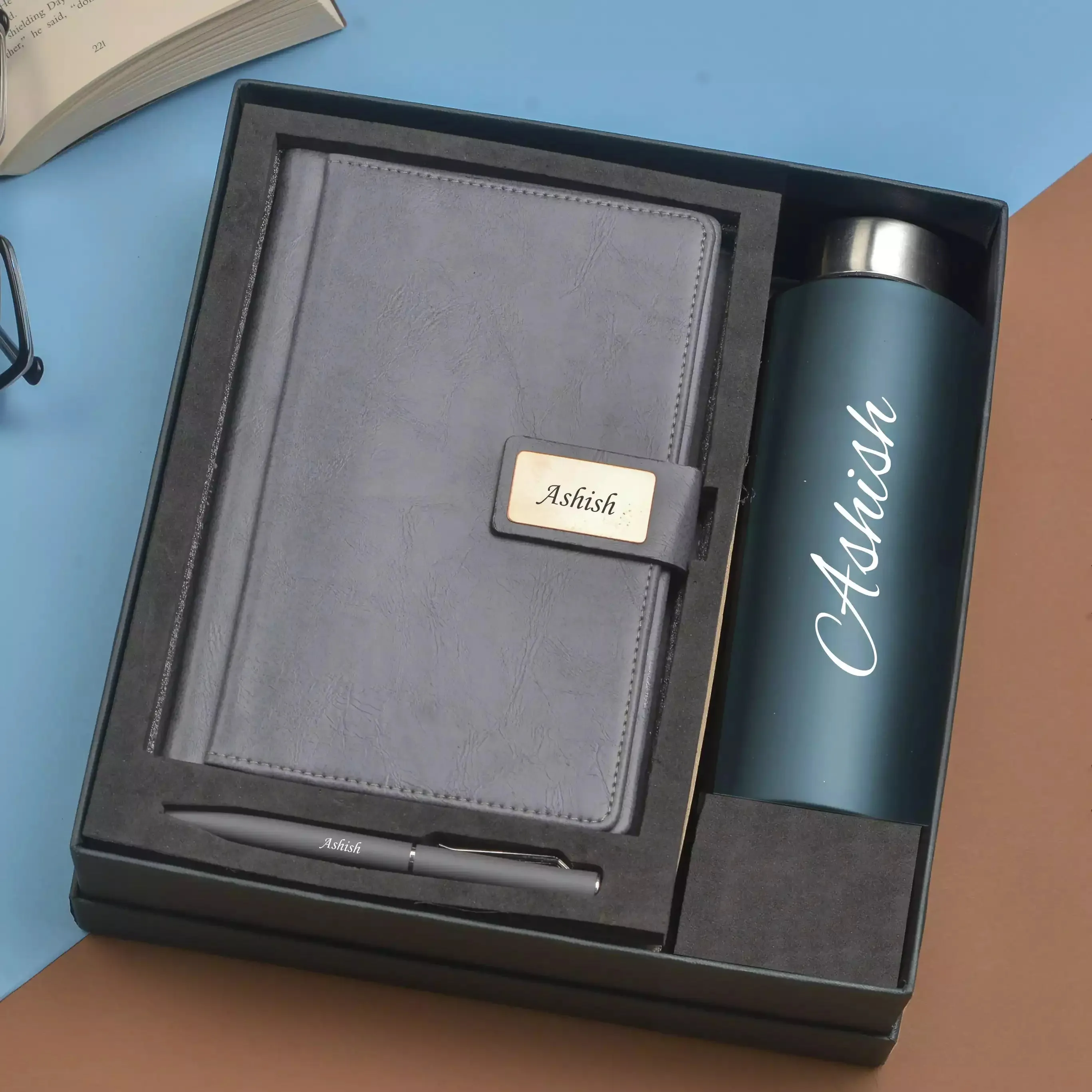 Classy Executive Diary   Classic Metal Pen   Classic Smart Bottle  (Black) - Grey