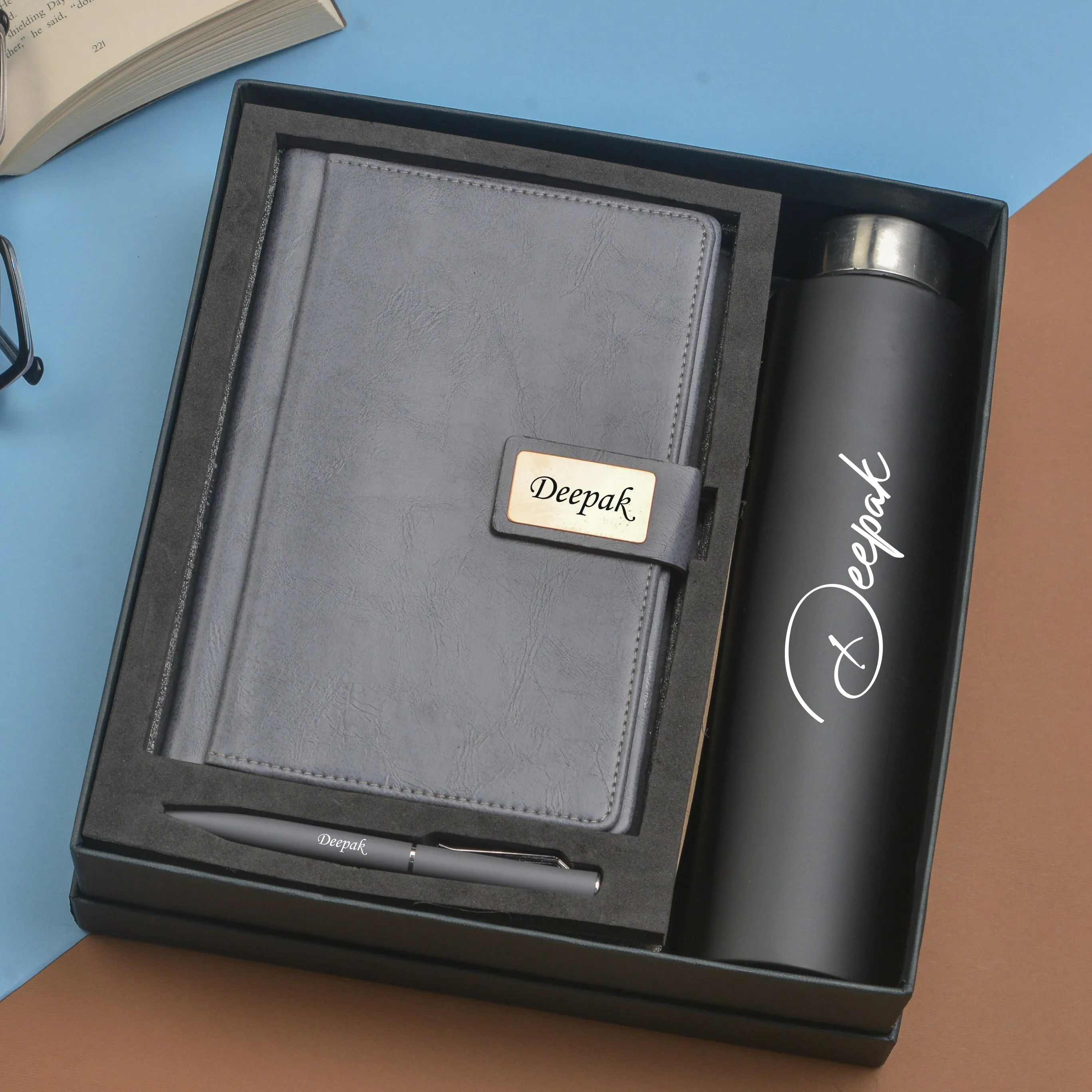 Classy Executive Diary   Classic Metal Pen   Classic Smart Bottle  (Black) - Grey