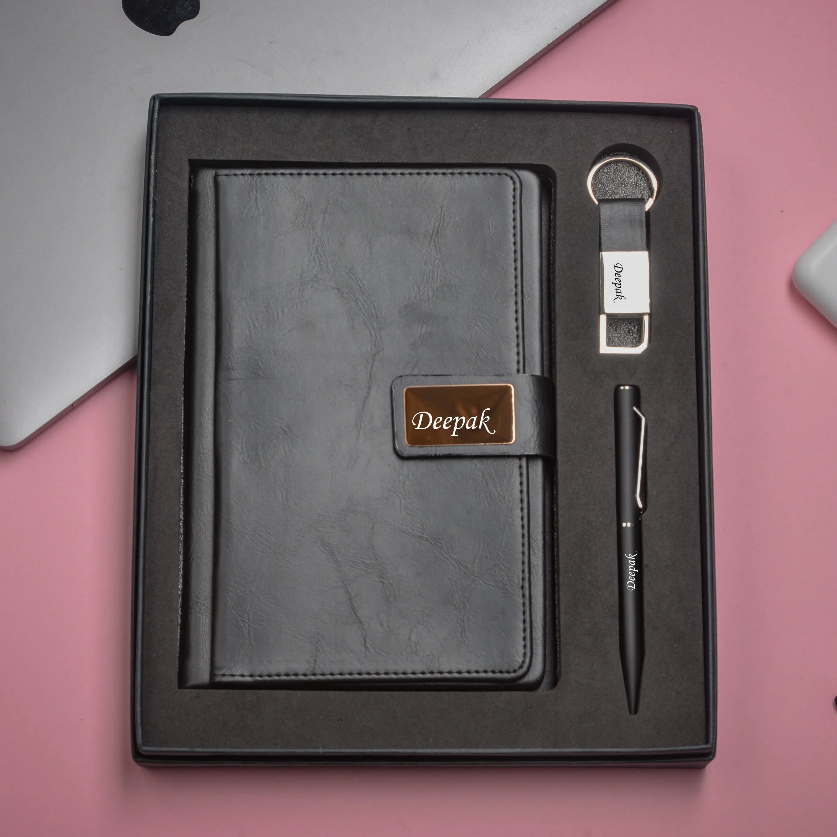 Classy Executive Diary   Classic Metal Pen   Classy Leather Metal Keychain - Black