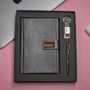 Classy Executive Diary   Classic Metal Pen   Classy Leather Metal Keychain - Black