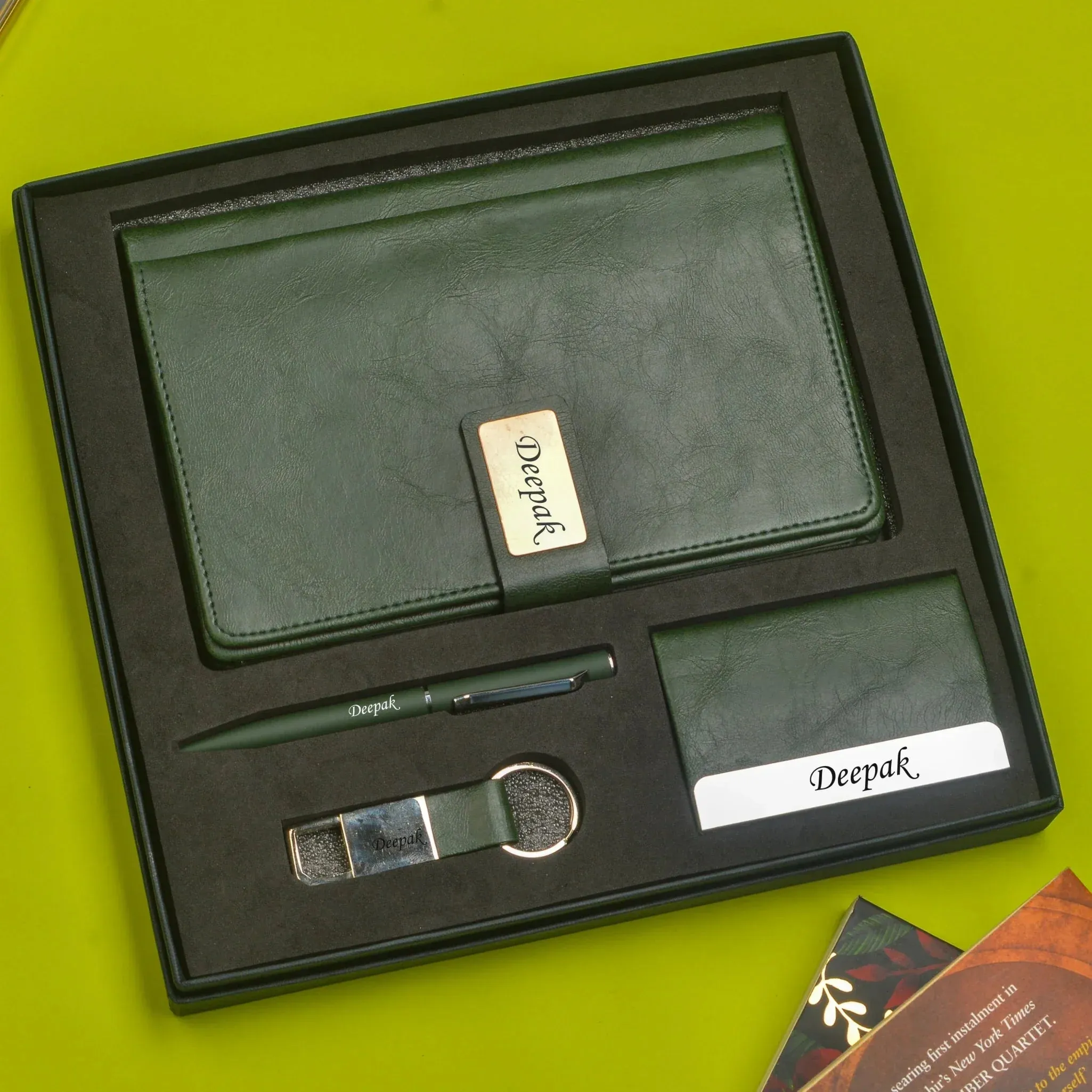 Classy Executive Diary   Classic Metal Pen   Classy Leather Metal Keychain   Classy Card Holder - Green