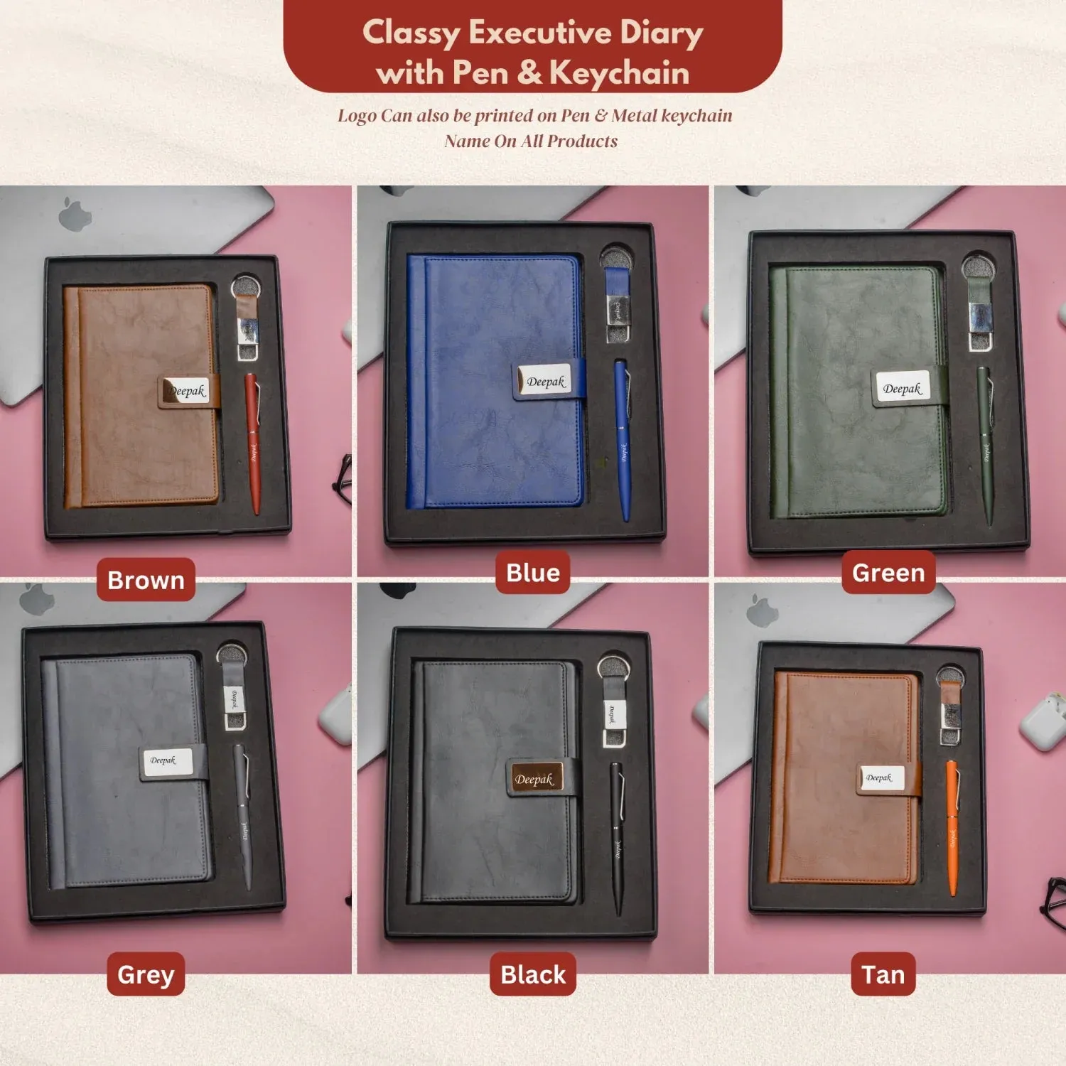 Classy Executive Diary   Classic Metal Pen   Classy Leather Metal Keychain - Green