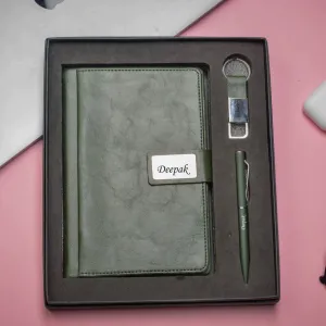 Classy Executive Diary   Classic Metal Pen   Classy Leather Metal Keychain - Green
