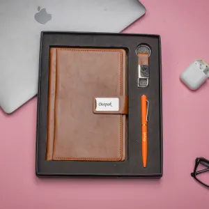 Classy Executive Diary   Classic Metal Pen   Classy Leather Metal Keychain - Tan