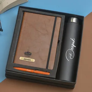 Classy Hardcover Diary   Classic Metal Pen   Classic Smart Bottle  (Black) - Brown