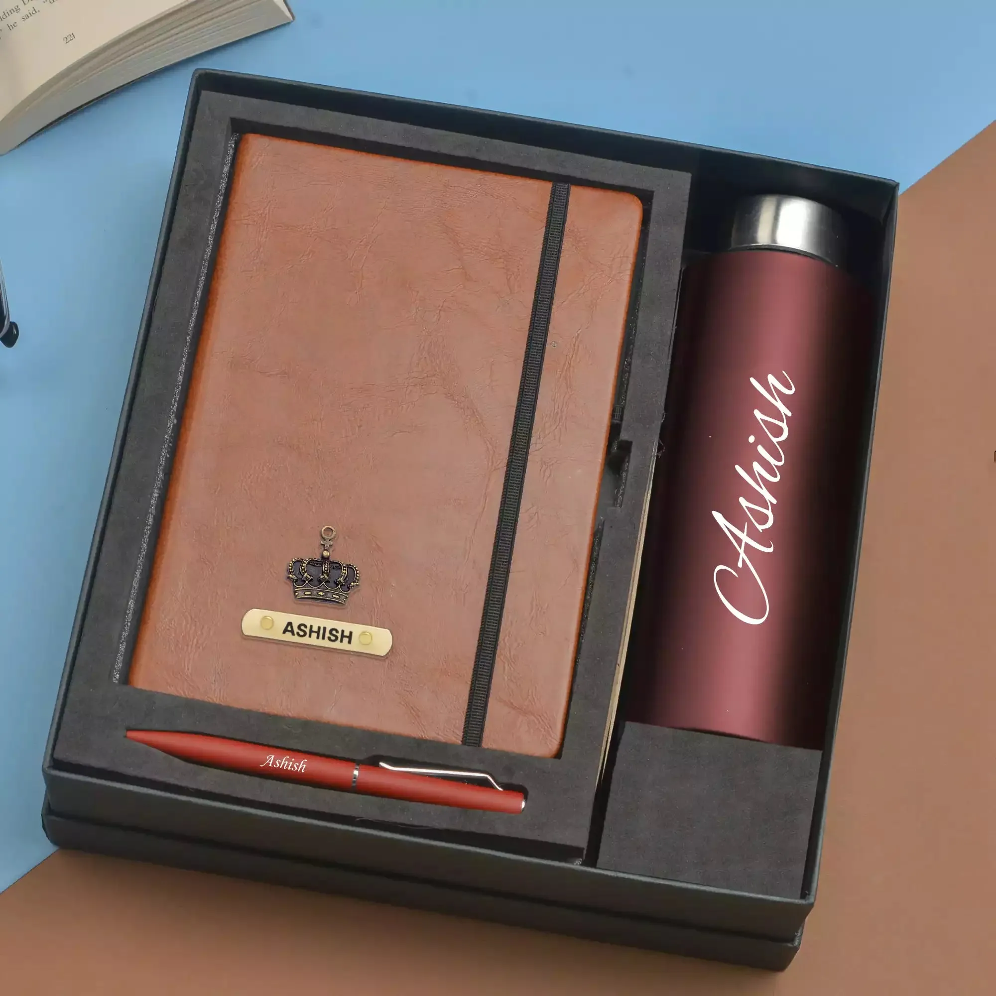 Classy Hardcover Diary   Classic Metal Pen   Classic Smart Bottle  (Black) - Brown