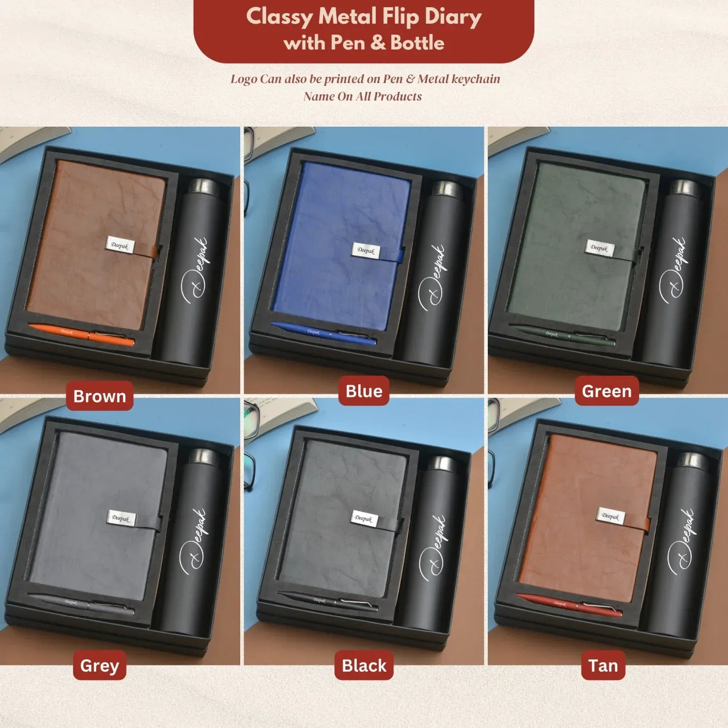 Classy Hardcover Diary   Classic Metal Pen   Classic Smart Bottle  (Black) - Brown