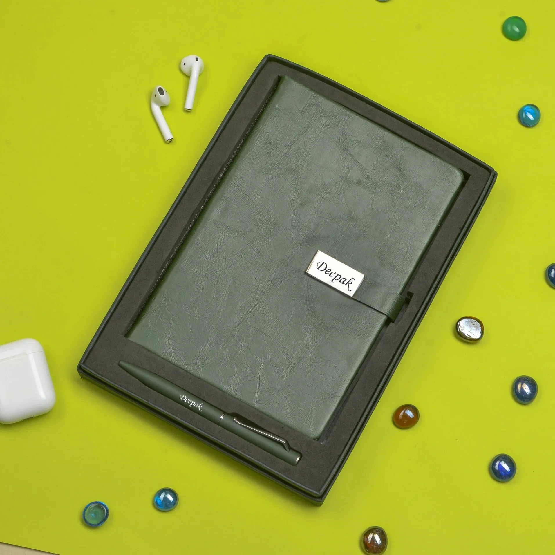Classy Metal Flip Diary   Classic Metal Pen - Green