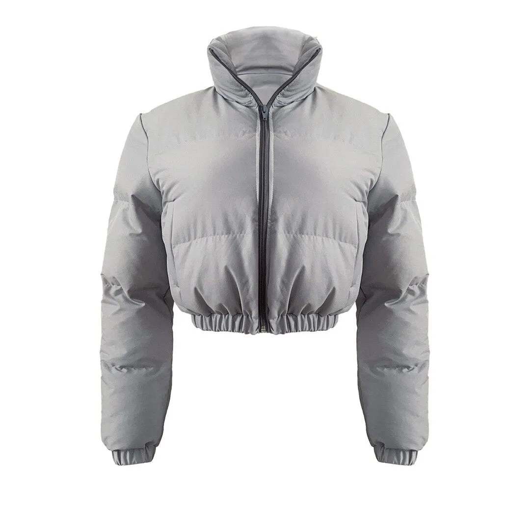 Crop Puffer Jacket Women Black Zipper V Neck Long Sleeve Ladies Warm Down Short Parkas Coats Outwear Short Coat