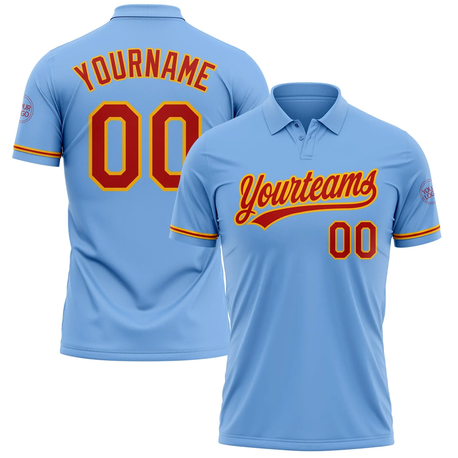 Custom Light Blue Red-Gold Performance Vapor Golf Polo Shirt