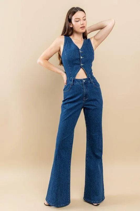 CUT OUT BOOTCUT DENIM JUMPSUIT