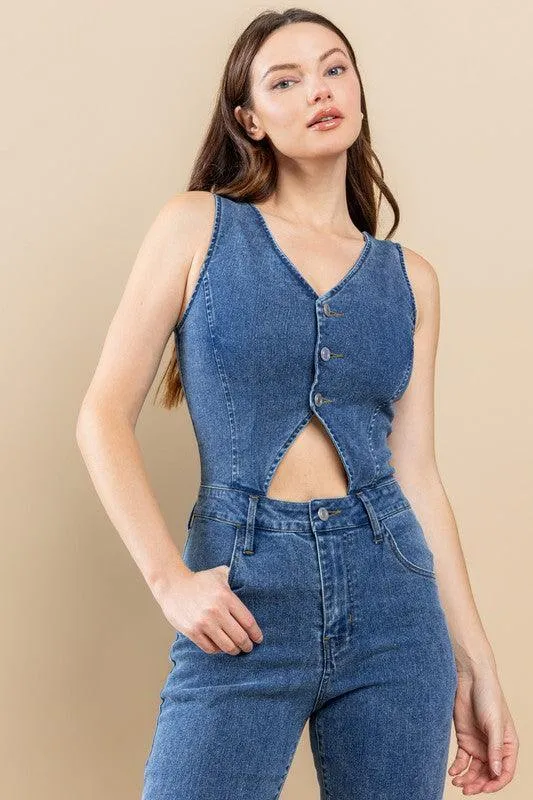 CUT OUT BOOTCUT DENIM JUMPSUIT