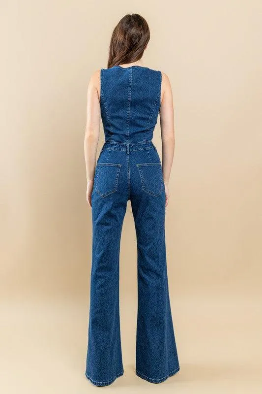 CUT OUT BOOTCUT DENIM JUMPSUIT
