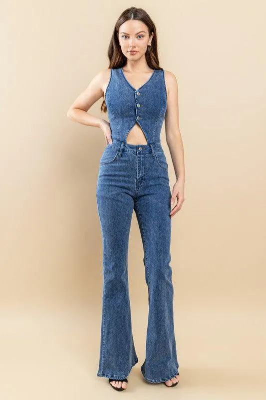 CUT OUT BOOTCUT DENIM JUMPSUIT