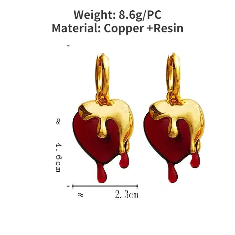Delicate Vintage Liquid Gold Irregular Red Resin Heart Earrings