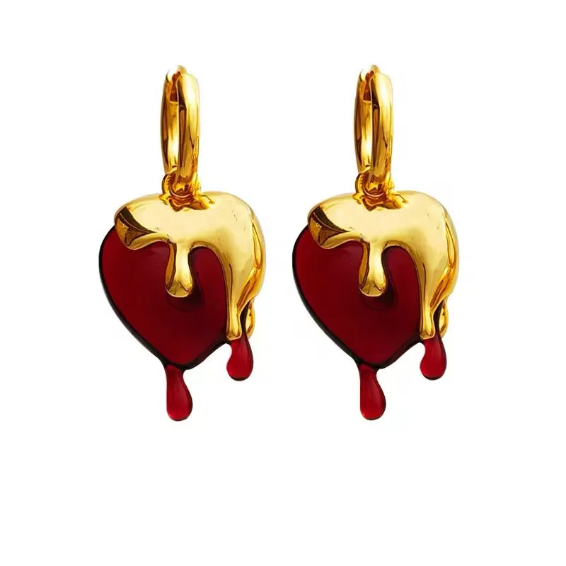 Delicate Vintage Liquid Gold Irregular Red Resin Heart Earrings