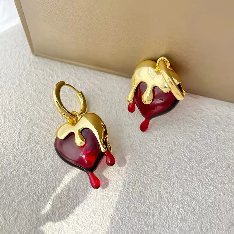 Delicate Vintage Liquid Gold Irregular Red Resin Heart Earrings