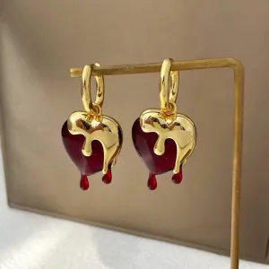 Delicate Vintage Liquid Gold Irregular Red Resin Heart Earrings