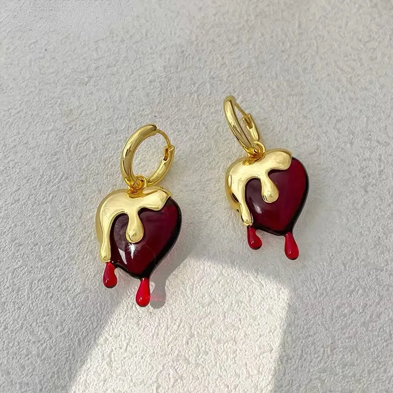 Delicate Vintage Liquid Gold Irregular Red Resin Heart Earrings