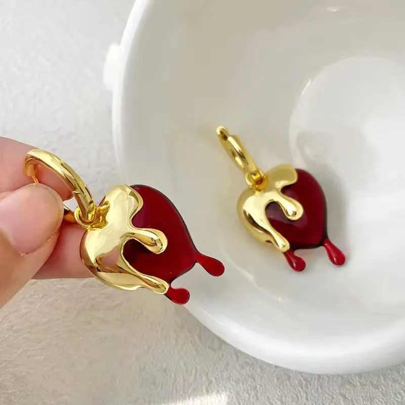 Delicate Vintage Liquid Gold Irregular Red Resin Heart Earrings