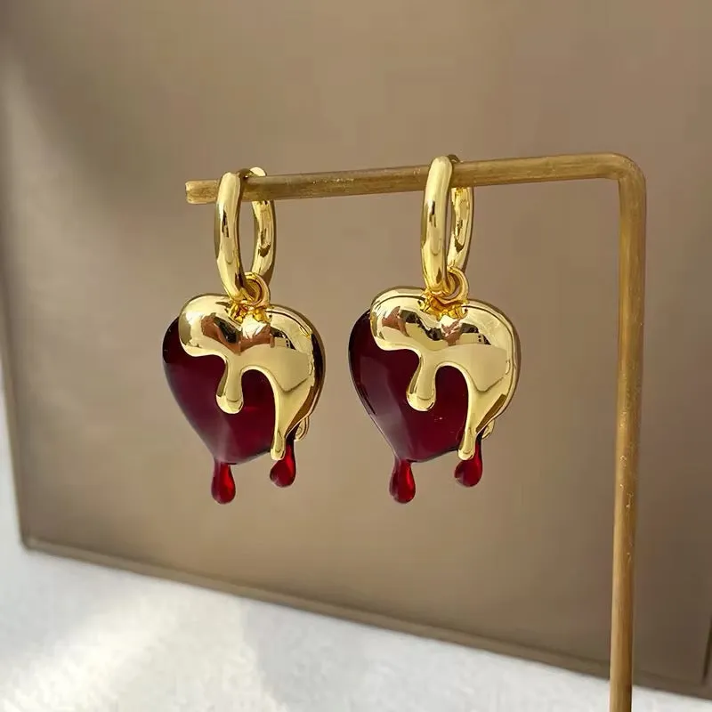 Delicate Vintage Liquid Gold Irregular Red Resin Heart Earrings