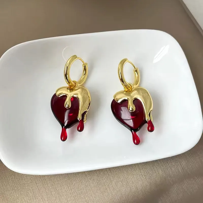 Delicate Vintage Liquid Gold Irregular Red Resin Heart Earrings