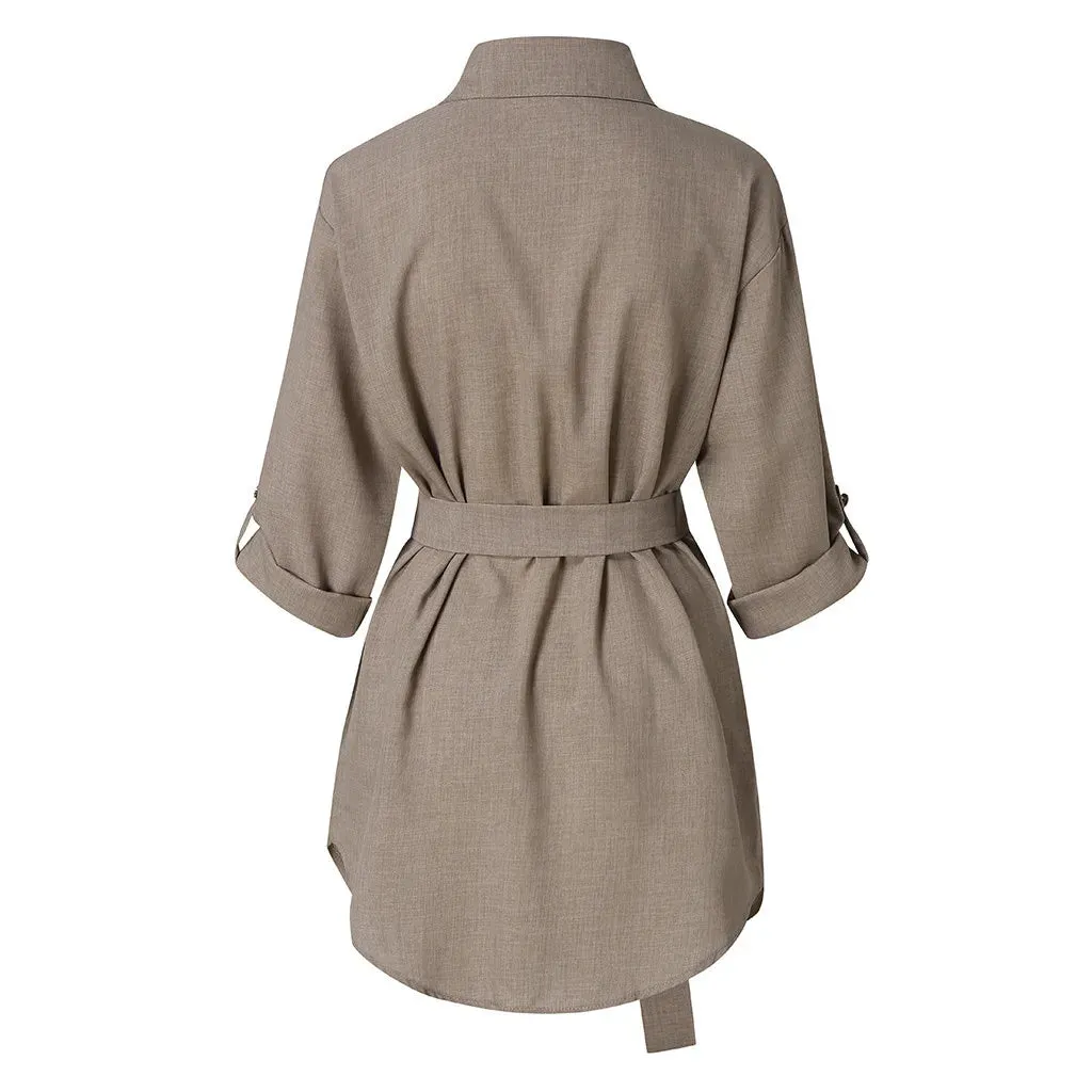Early Autum Long Sleeve Mini Dress With Belt Casual Office Lady Plain Color Shirt Dress Single Breasted Blouse Tops Blusas