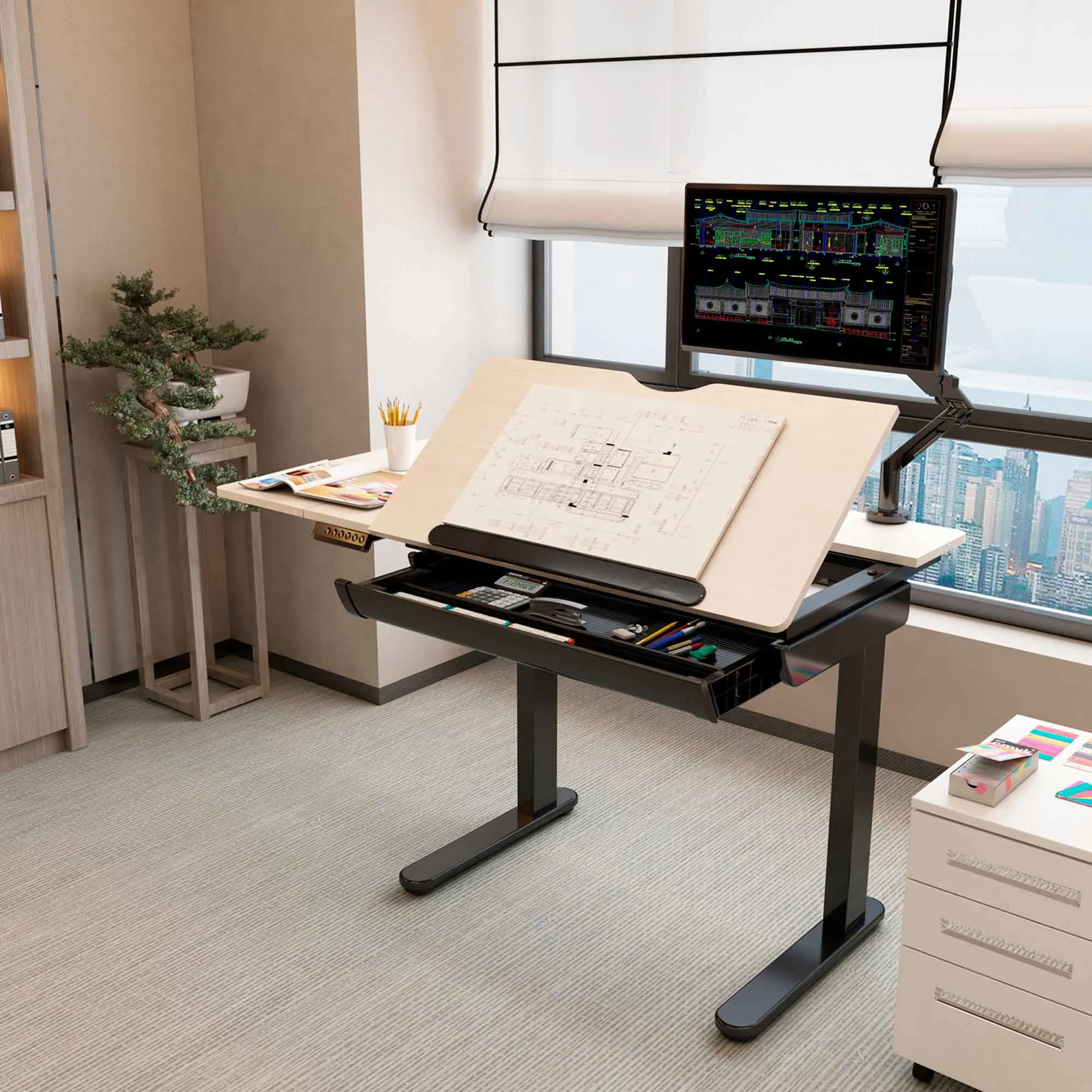 Electric Standing Drafting Desk, Drawing Sit/Stand Table with 0°-40° Tilt & Drawer - DH71