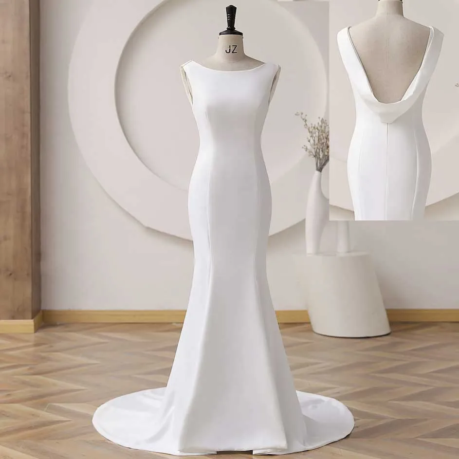 Elegant Minimalist Crepe Fit and Flare Wedding Dress with Cowl Back ET3060