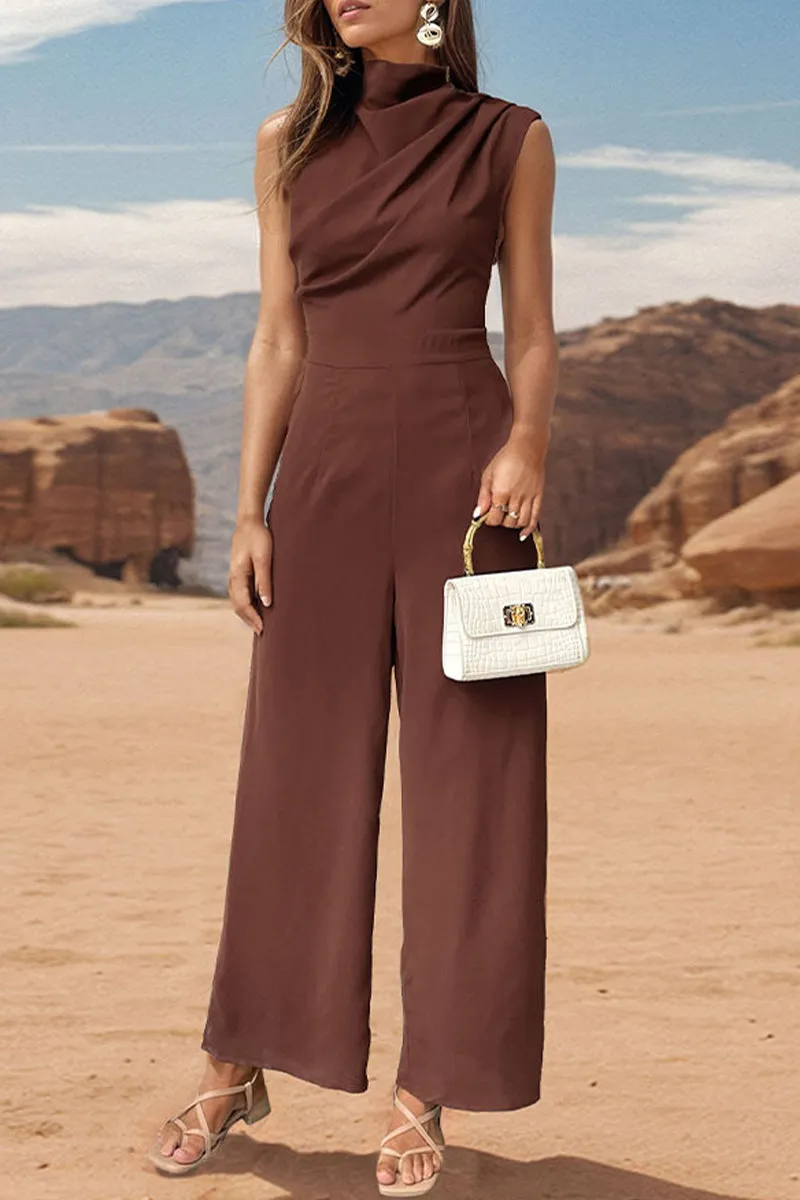Elegant Simplicity Solid Scarf Collar Regular Jumpsuits