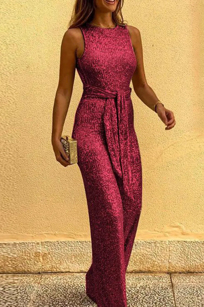 Elegant Solid Sequined With Belt O Neck Straight Jumpsuits(6 colors)